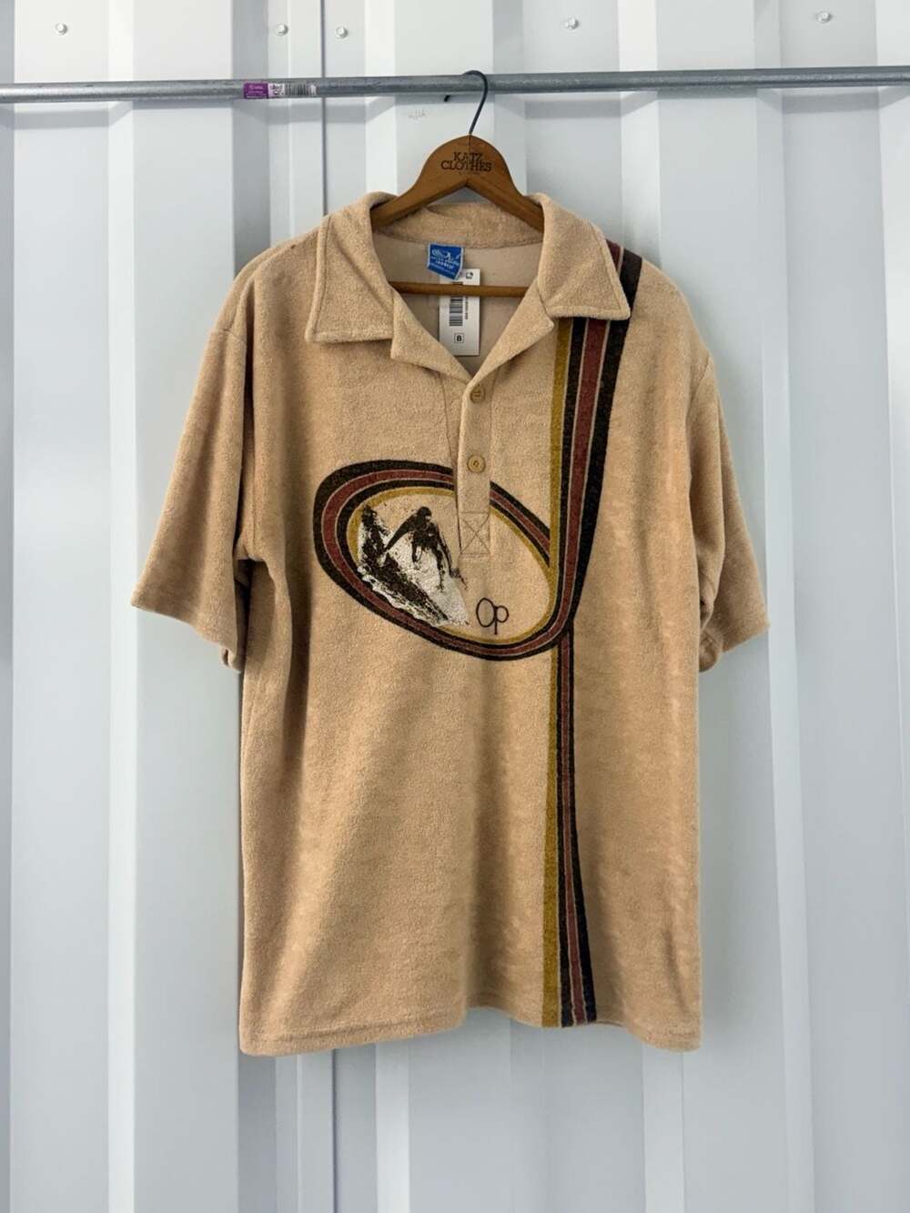 Vintage 70s Ocean Pacific Sunwear Terry Cloth Towel Polo Shirt Tan Surfer L